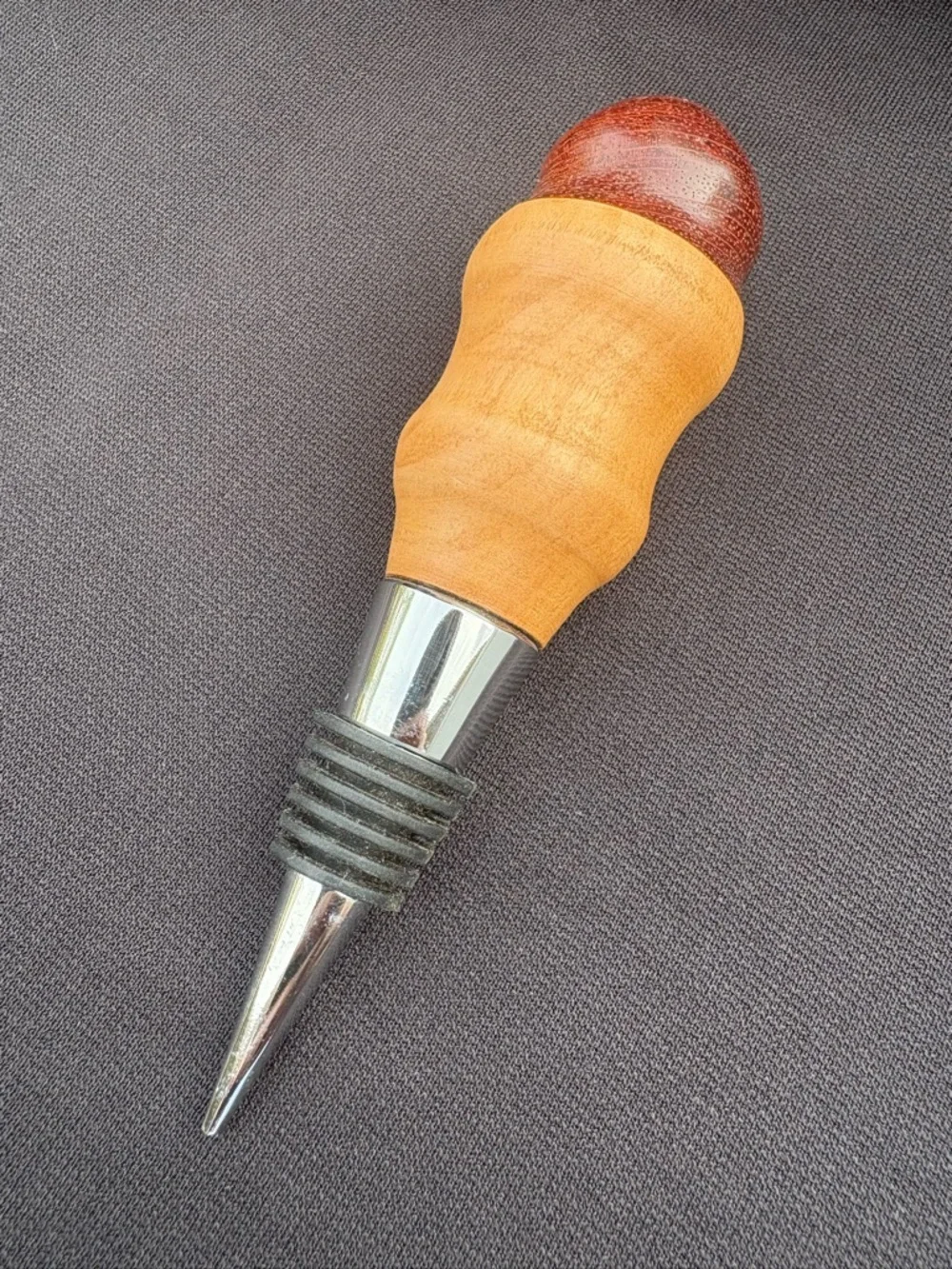 Two-Tone Turned Wood & Metal Wine Bottle Stopper Rustic Barware Gift